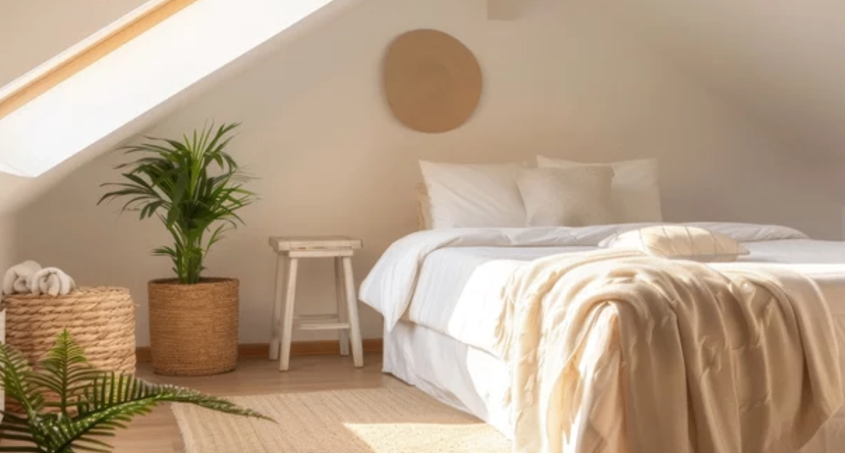 Bright loft conversion bedroom with Velux window, white bedding and natural decor